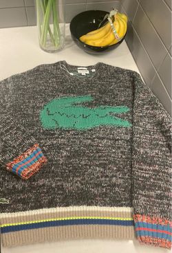 Lacoste Unisex Loose Fit Gray Crocodile And Stripe Wool Sweater Size M