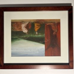 Mid-Century Modern Vintage Oil on Wood Painting Signed, Matted, Framed