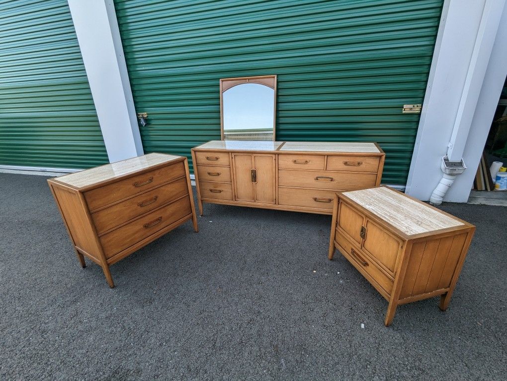 Vintage Drexel Meridian Pecan Travertine Top Dresser Chest Nightstand Set