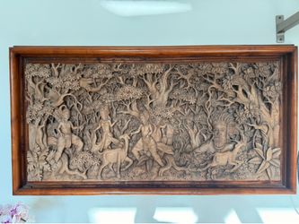 Large Hand-Carved Wooden Wall Art – 49” x 27” Mythological Forest Scene