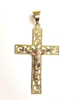 Beautiful design cross with Jesus religious pendant 14K REAL YELLOW & ROSE GOLD. Description⬇️