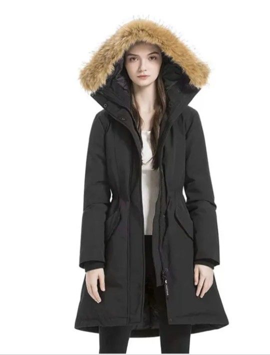 Valuker Womens Waterproof Thickened Down Parka Coat with Royal Fur, Size Small