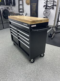 Husky Ball Bearing Tool Chest, (46” x 18” x 38.5”), Good Used Condition, with extra butcher block top added, drawer mats included.