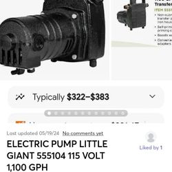 WATER PUMP ELECTRIC  LITTLE GIANT 115 VOLT 1,100 GPH MODEL-(555104)