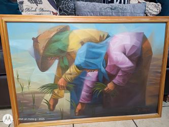 Oil painting rice paddies planting time 32x24