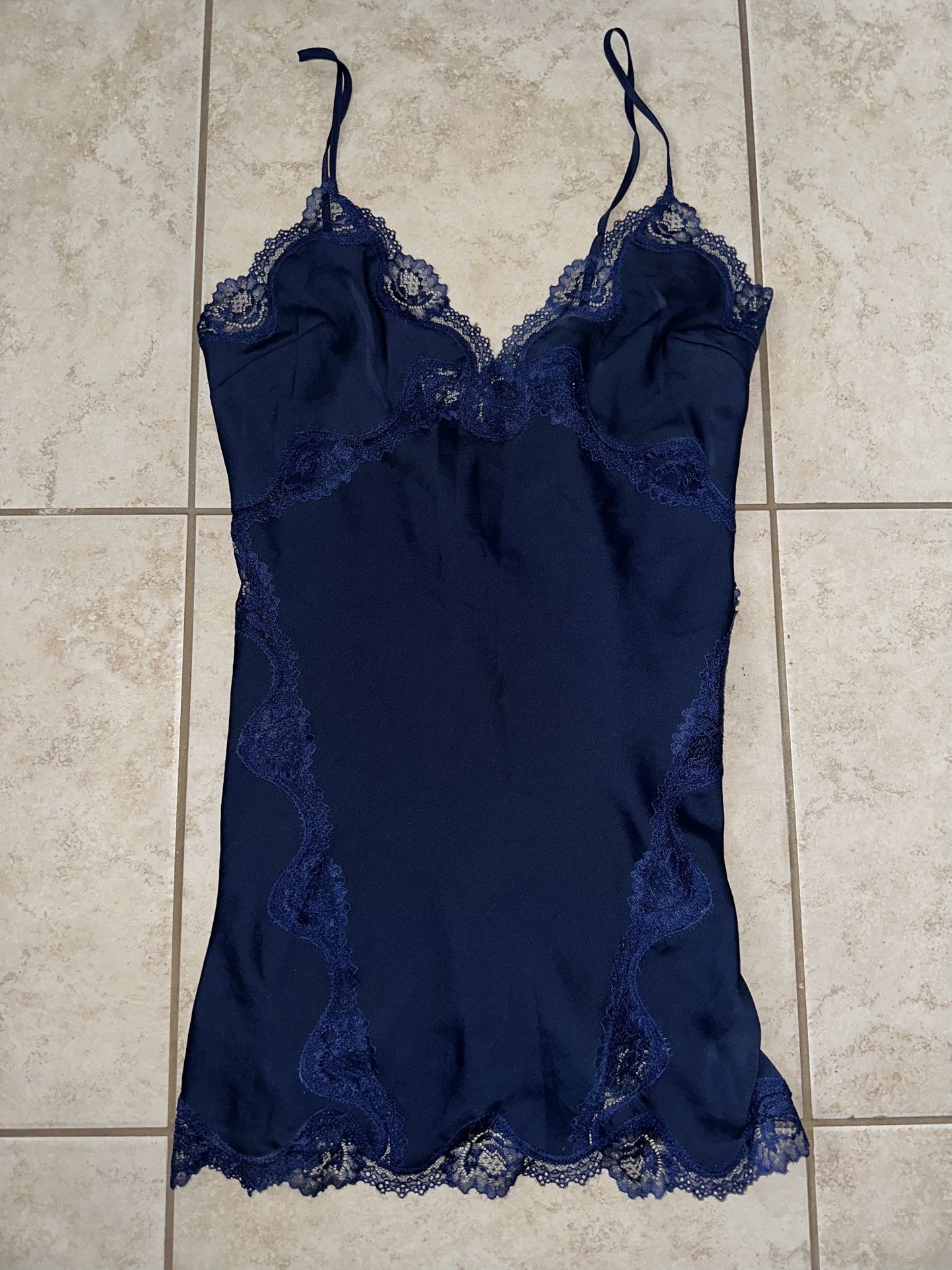 NWT Midnight Blue Victoria's Secret Polyester Mini Slip with Lace Trims Size M