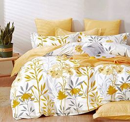 Comforter Queen Size, 600 Thread Count Cotton Grey Branch with Yellow Flower & Grey Leaves Pattern