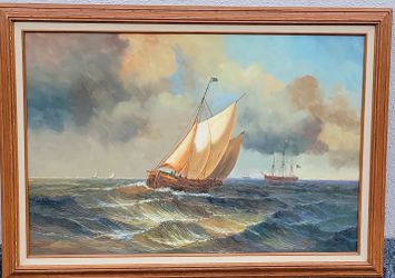VINTAGE OIL ON CANVAS PAINTING SEASCAPE SAILING SHIPS 30X42" FRAMED