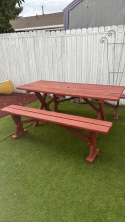 Vintage Brick Red Picnic Table W/ 2 Benches