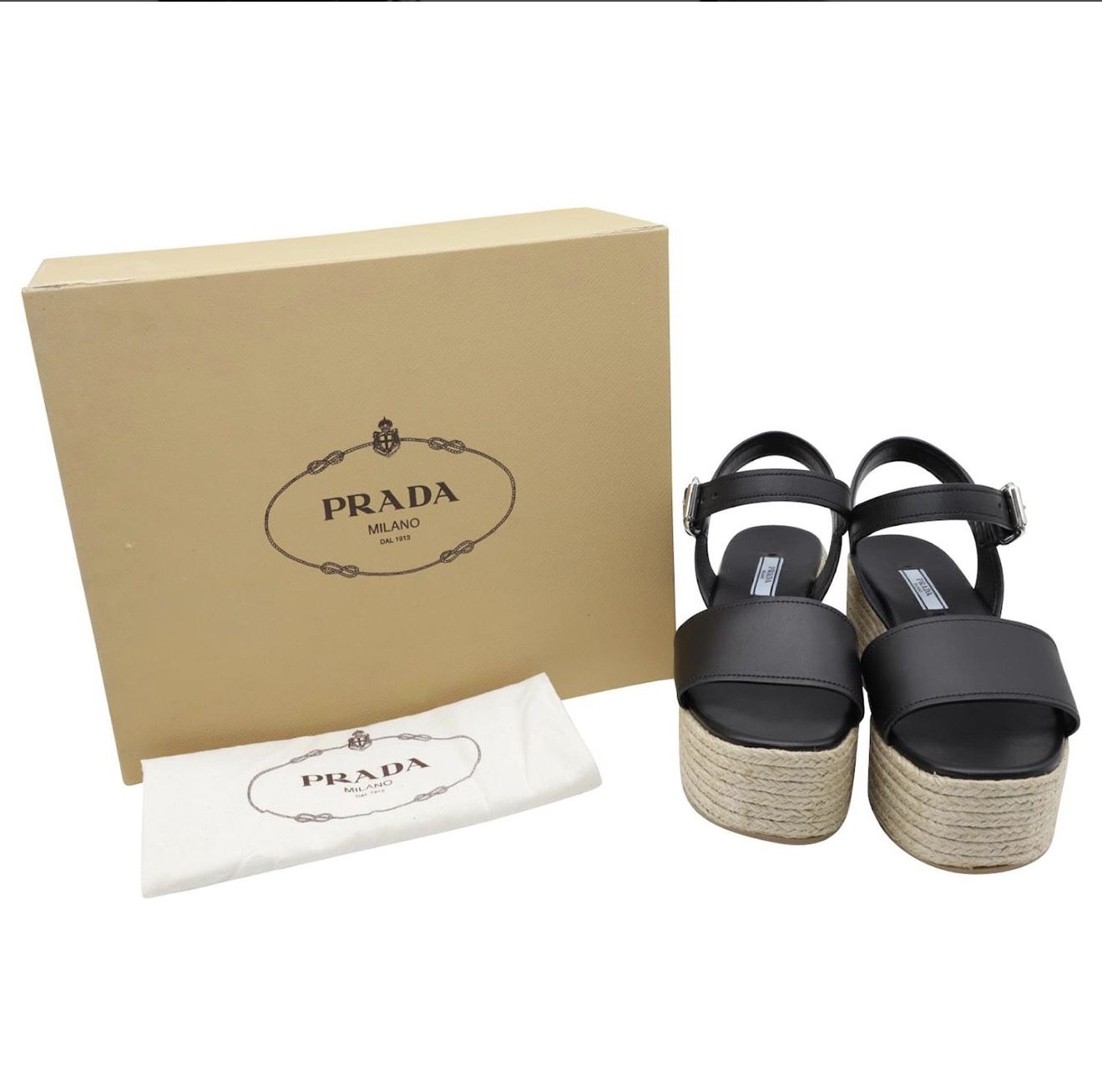 Prada Leather Espadrille Platform Wedge Sandals