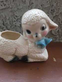 Vintage Baby Lamb Sheep Planter Blue Bells  - Baby Farm Country Decor, 7.25x6
