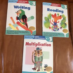 Grade 3 Kumon workbooks:  Reading, Writing, Multiplication, Set Of 3, Brand New
