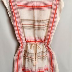 Ann Taylor Loft 100% Linen Blouson Mini Dress  Drawstring Beige Pink Stripe Womens Size L Large