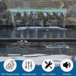 19.6 Inch Pool Waterfall Spillway, Stainless Steel Pond Waterfalls with Multi Color-LED Light (New)