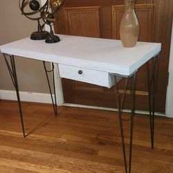 White Desk With Long Black Wrought Iron Legs