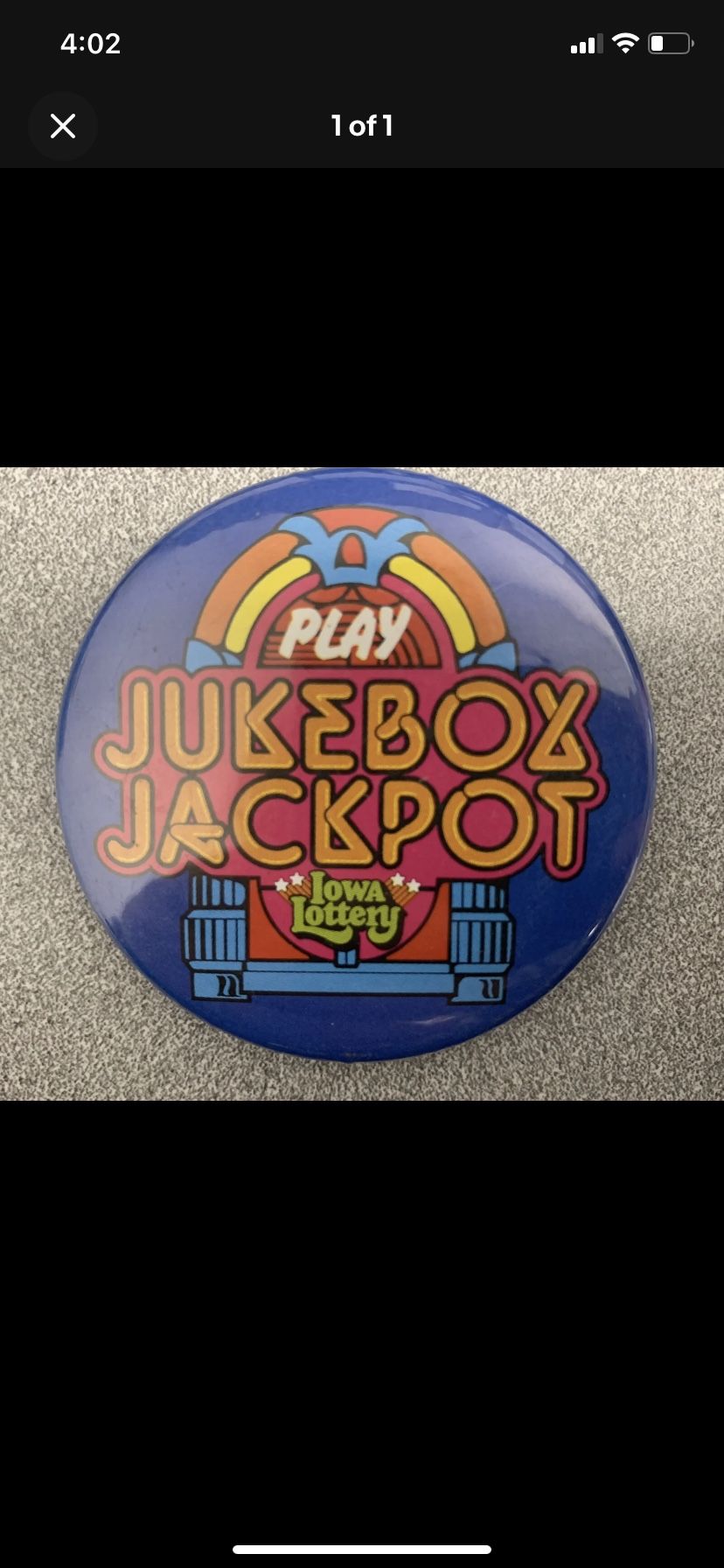 Vintage Iowa Lottery “Jukebox Jackpot” Promo pin-back 2 1/4” Circle Button