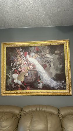 Framed White Peacock Floral Painting