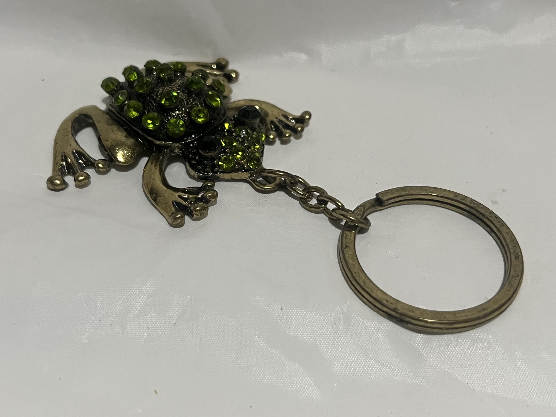 Green Rhinestone Frog Key Chain Ring Large Metal Toad Vintage Black Eyes