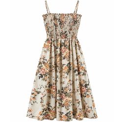 Women’s Small Floral Smocked Spaghetti Strap Sundress Beige Tie Back 27.5”