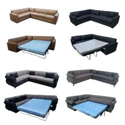  BRAND NEW 7X9FT SECTIONAL WITH SLEEPER COUCHES. DAKOTA CAMEL LEATHER,  BLACK, CHARCOAL,  BLACK AND CHARCOAL FABRIC Sofa, / More Color Fabric Availabl