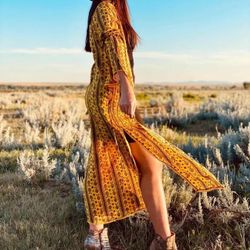 Boho Floral Duster Cardigan Dress Mustard Yellow Red Black