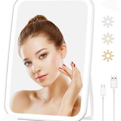 New Makeup Mirror with Lights, 8.6"x6.1" Rechargeable Travel Vanity Mirror with Stand, 3 Color LED Lighting Dimmable Brightness Adjustable Angle