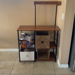 Kitchen Baker’s Rack, Coffee Bar, table ，Microwave Oven Stand, with Steel Frame, Wire Basket, Rustic Brown
