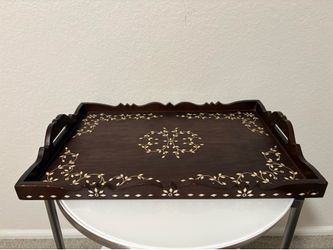 Large Vintage Wood Serving Tray with Hand Inlay Design