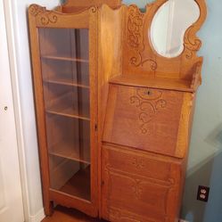 Antique Tiger Oak Curio With Drop Down Desk Secretary With Mirror On Wheels