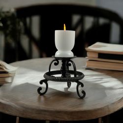 Vintage Cast Iron Heavy Tri Footed Scroll Legs Pillar Candle Holder