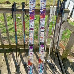 For Sale Snow Skis With 3 Sets Of Poles And Bag 