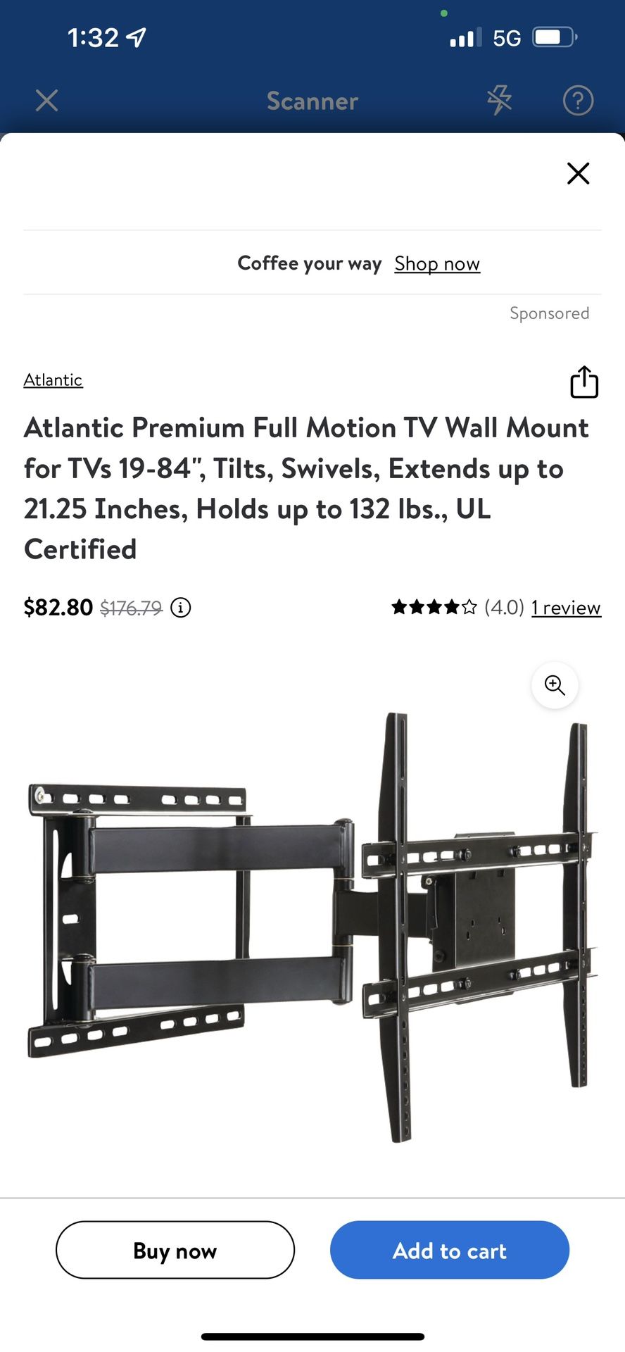 Atlantic Premium Full Motion TV Wall Mount for TVs 19-84", Tilts, Swivels, Extends up to 21.25 Inches, Holds up to 132 lbs., UL Certified 