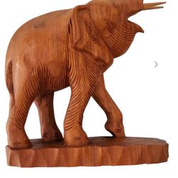 Unique hand carved solid teak wood elephant On Wood Carved Block With Trunk Up!