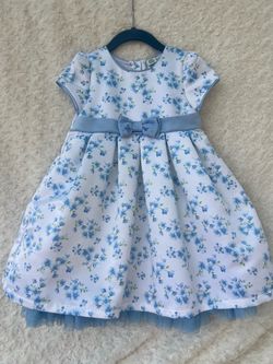 Little Me Girls Blue Floral Bird Print Party Dress Size 4T Tulle Hem Bow