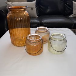 Set of 4 Lantern Style Hanging Glass Candle Holders & Vase Ribbed Paneled Sides Orange Yellow Home Yard Decor 