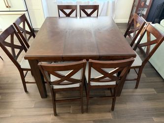 Dark solid wood tall dining table w/ leaf and chairs