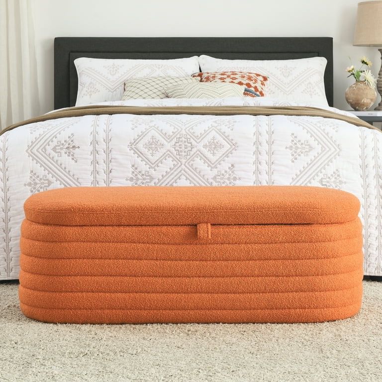 45.5 inchesStorage Ottoman Bench Upholstered Fabric Storage Bench End of Bed Stool with Safety Hinge for Bedroom, Living Room, Entryway, orange teddy