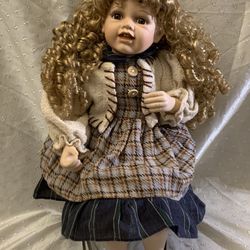Porcelain Baby Girl Sitting 17" Doll Brown Eyes Blonde Curly Hair
