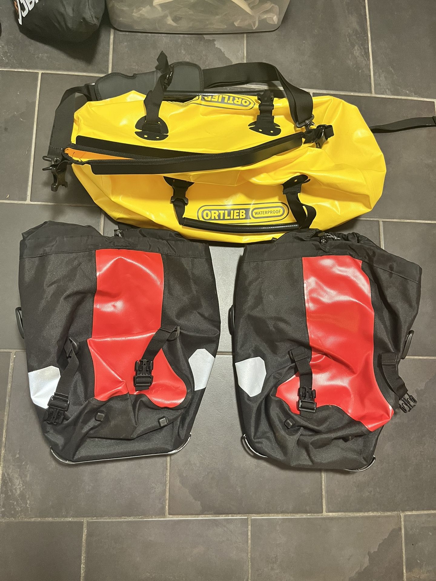 Ortlieb Front Roller Classic Panniers Red + Rolltop Duffle 30L Yellow