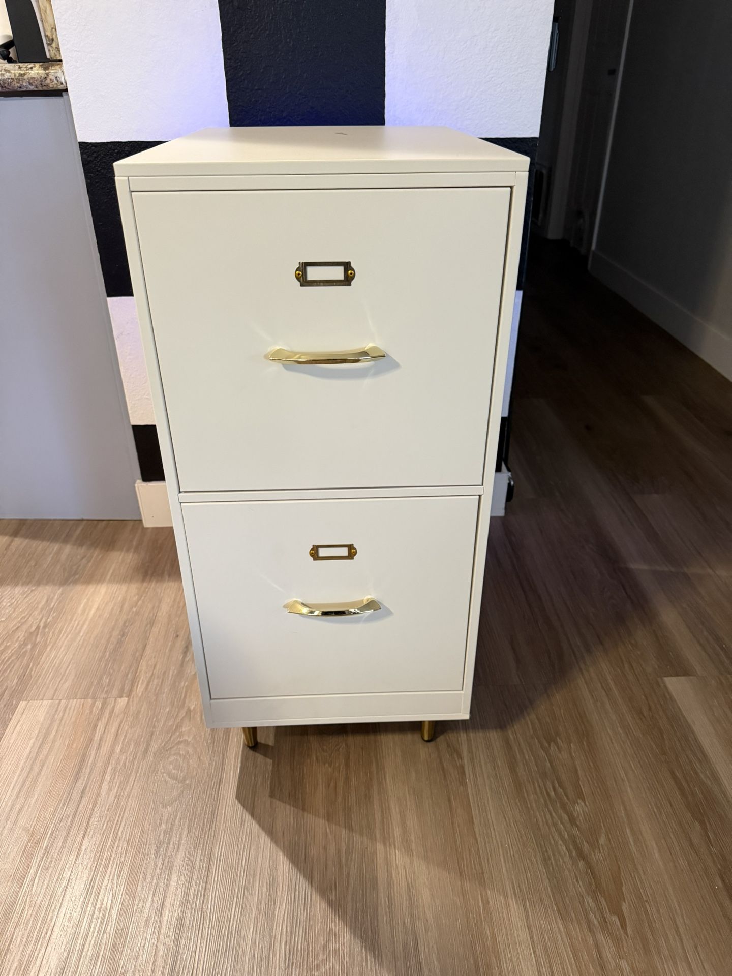 2 Drawer Metal Filing Cabinet with Gold Hardware & Midcentury Legs