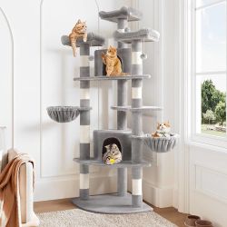 73in Fan-Shaped Space-Saving Corner Cat Tower/Multi-Level Tall Cat Tree for Indoor Kitties/Cozy Baskets/Condos/House/Perches/Sisal Scratching Posts/Pe