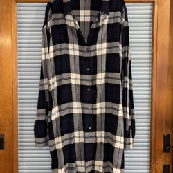 THEORY NEW W/Out TAG Navy Blue Plaid long sleeve button down shirt dress Size L