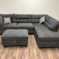 Brand New Gray Velvet Like Sectional Sofa +Storage Ottoman (New In Box) 