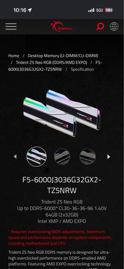 Trident Z5 Neo RGB (DDR5/AMD EXPO) RAM / F5-6000J3036G32GX2-TZ5NRW