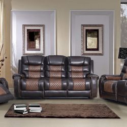 3PC Top Grain Leather Recliner Living Room Set 