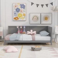 NEW Twin Gray Wood Daybed, Sofa Bed with Wood Legs and Headboard