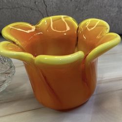 (1) Hand Blown Art Glass Yellow Orange Flower tea light Votive Candle Holder.