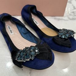 BRAND NEW Miu Miu Women's Suede Dark Blue Crystal Decorated Ballet Flat Shoes - Size 6.5 - Originally $595. Asking $350