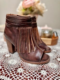 NEW Bed Stu Fringe Ankle Boots Olivia Peep Toe Womens 8.5 Leather Western