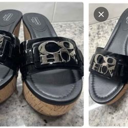 NWOT Coach Slip On  Black Patent Leather Cork Wedge Sandals Size 8.5